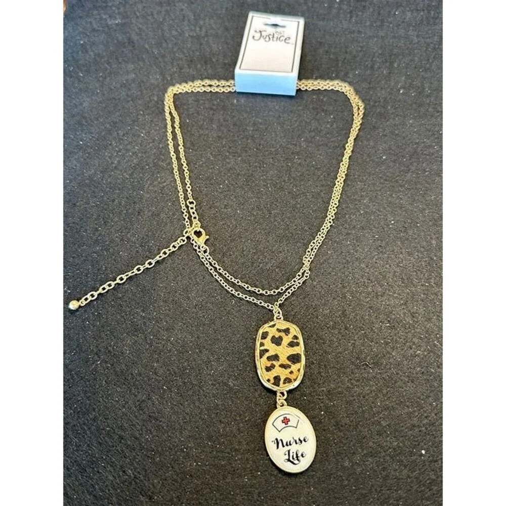 Justice Gold Nurse Life Leopard Print Double Chain Pendant Necklace NWT New